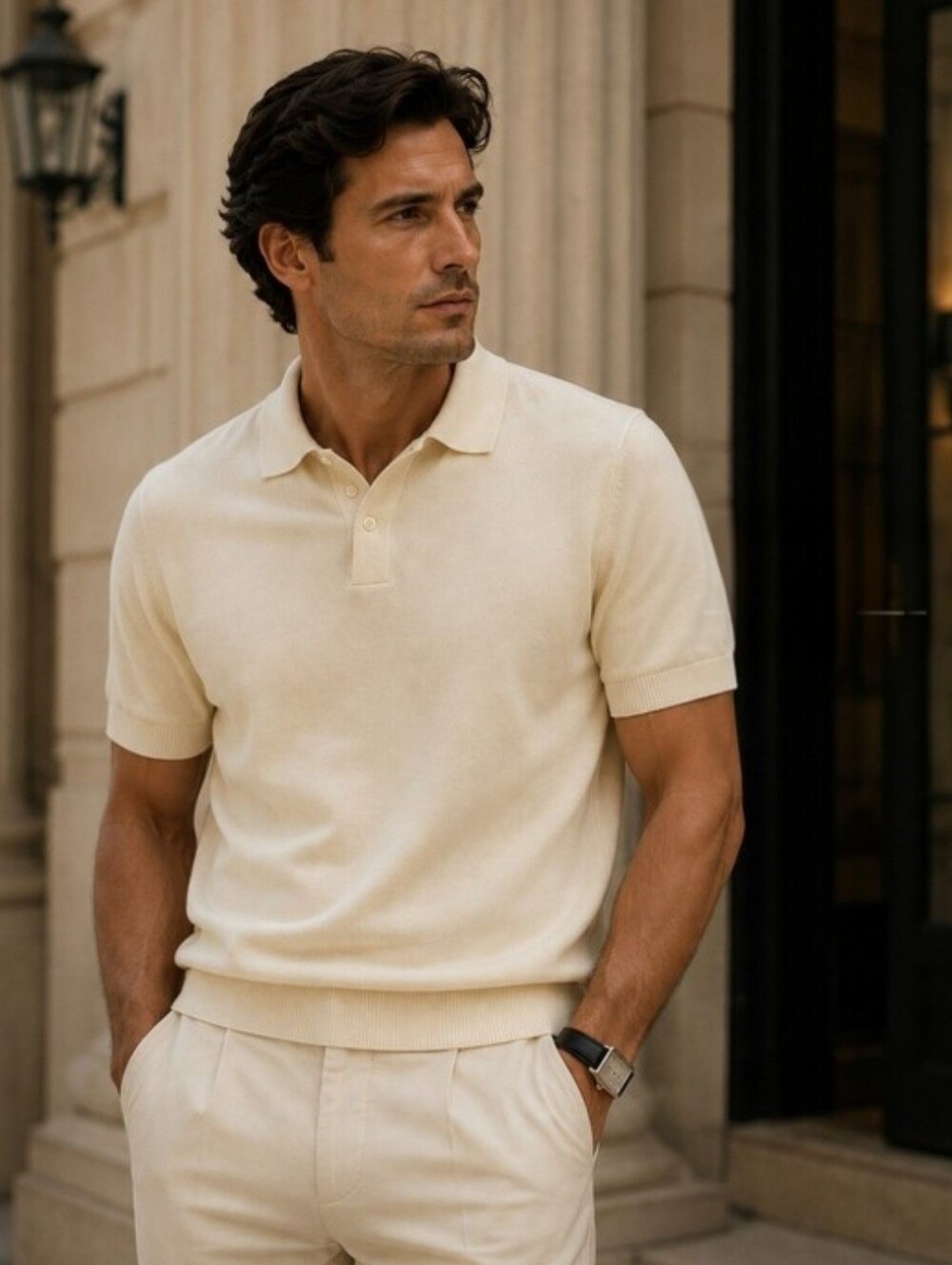 De Fursac Men’s XL Cotton Cashmere Knit Polo Shirt Cream Luxury